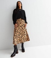New Look Petite Brown Leopard Print Satin Bias Cut Midi Skirt